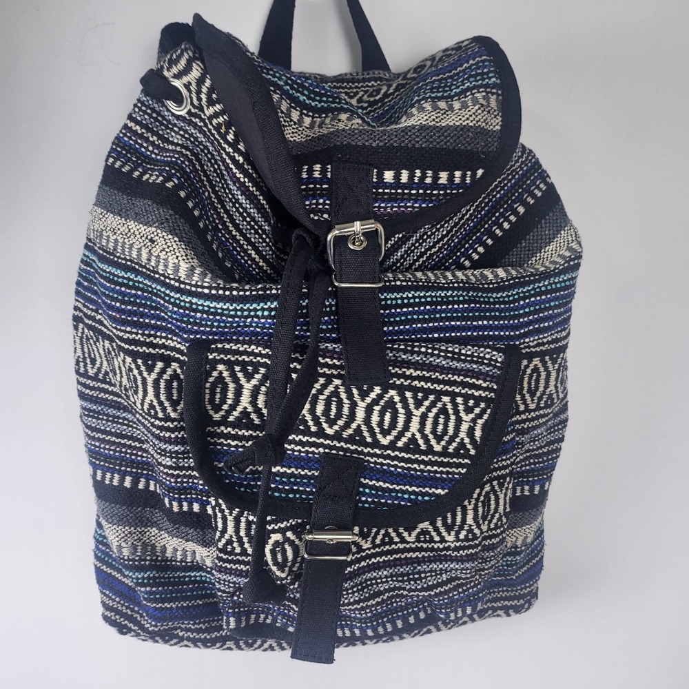 Woven Medium Size BACKPACK PURSE SOUTHWESTERN DESIGN BAJA STYLE Blue Black White